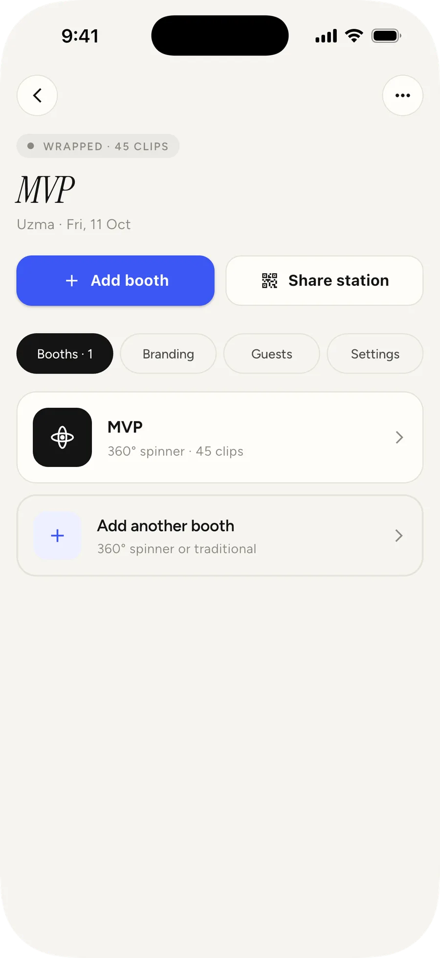A project in the app with one 360° spinner booth, an Add booth button, a Share station button, and Branding, Guests and Settings tabs