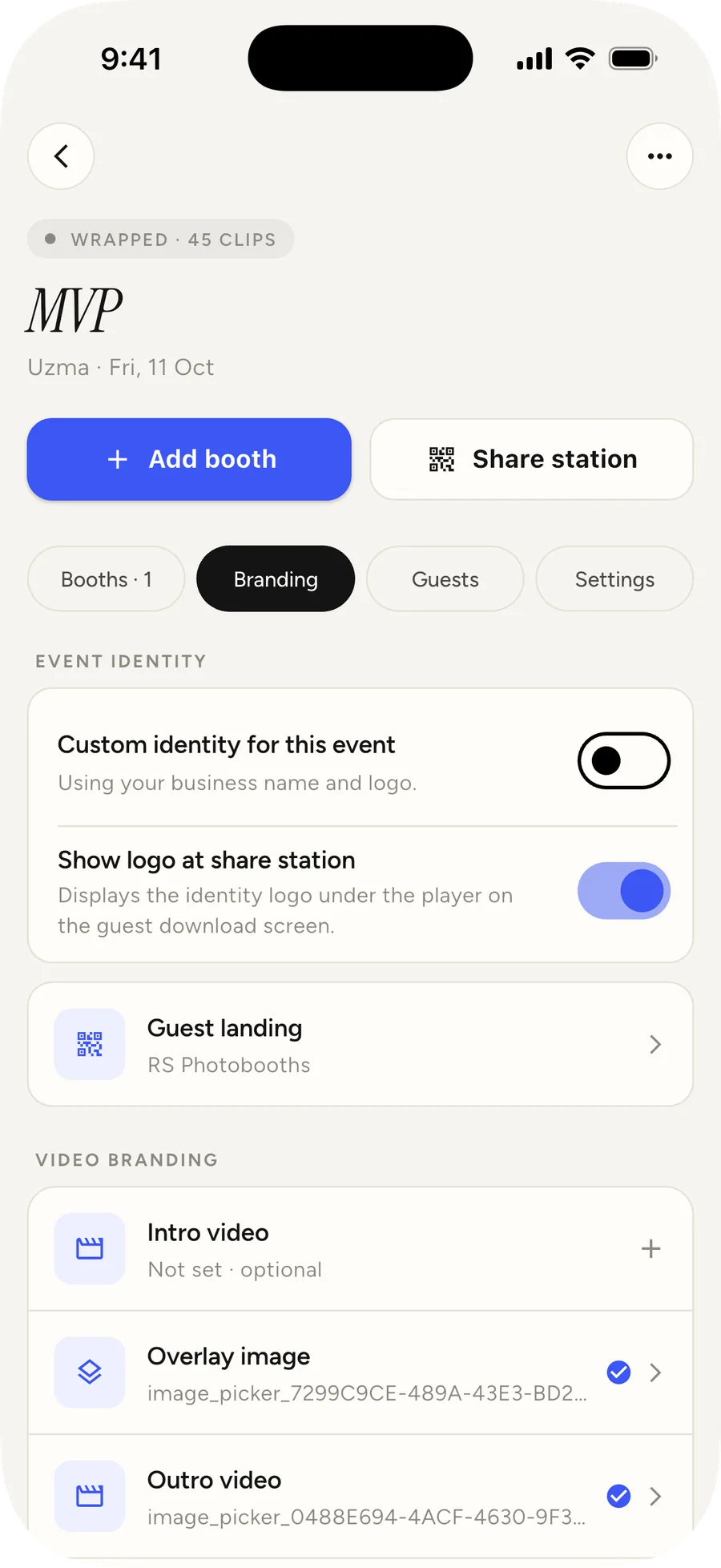 A project’s Branding tab in the app: event identity toggles, the guest landing name, and intro video, overlay image and outro video slots