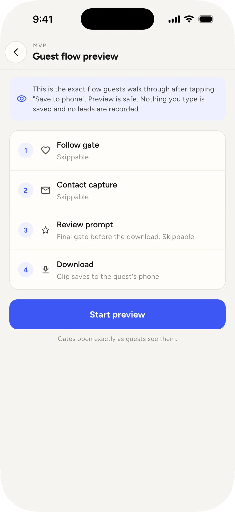 The Guest flow preview screen in the app: Follow gate, Contact capture, Review prompt, then Download — each marked skippable