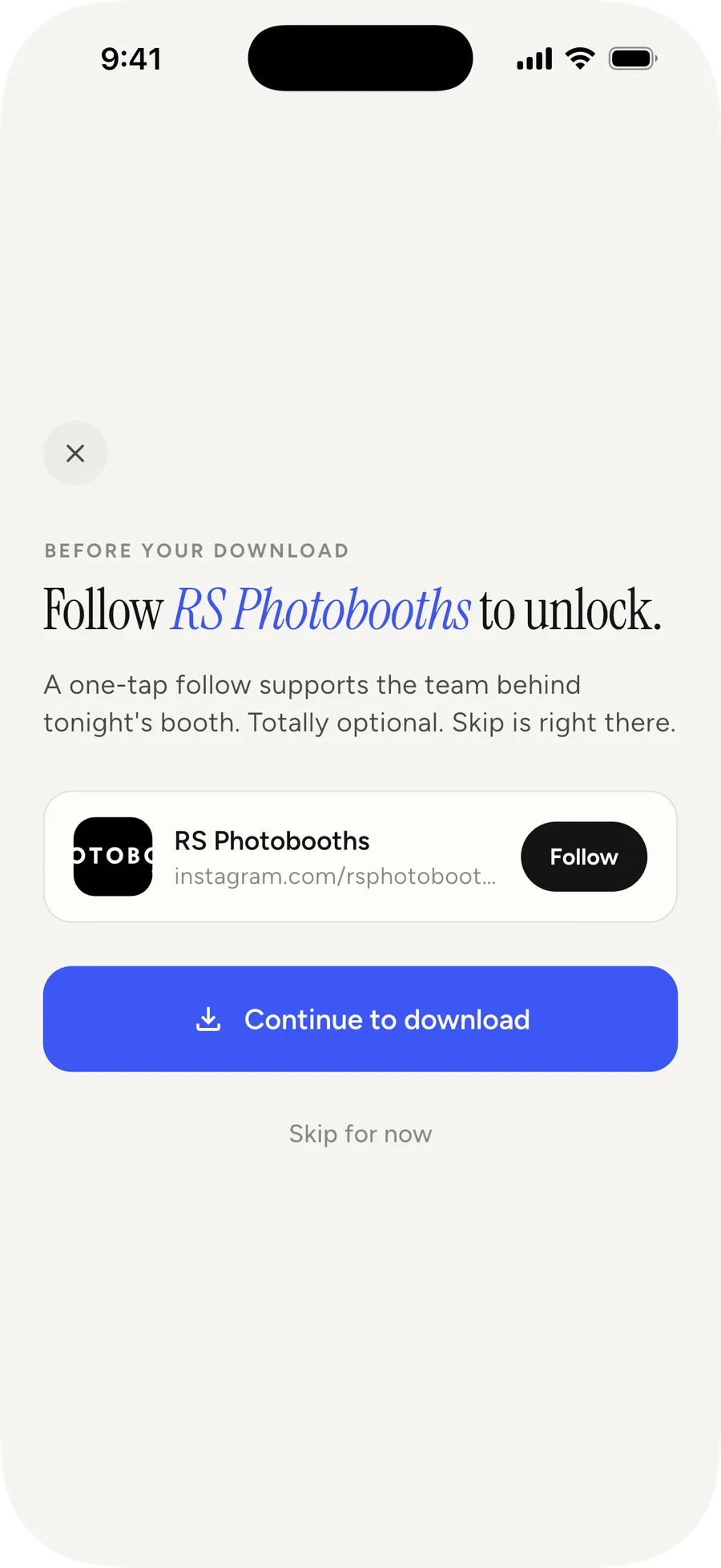 The follow request on a guest’s phone: “Follow RS Photobooths to unlock”, with a Follow button, Continue to download, and Skip for now