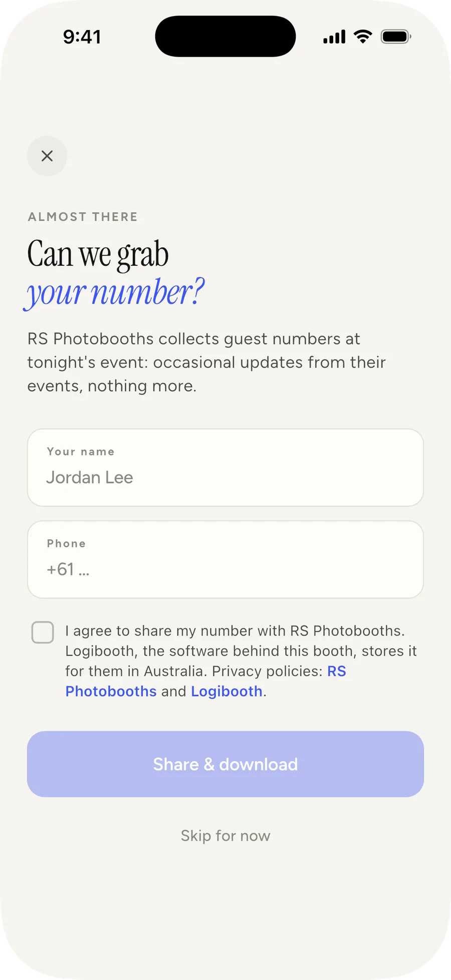 The contact request: “Can we grab your number?” with name and phone fields and an unticked consent checkbox linking to both privacy policies