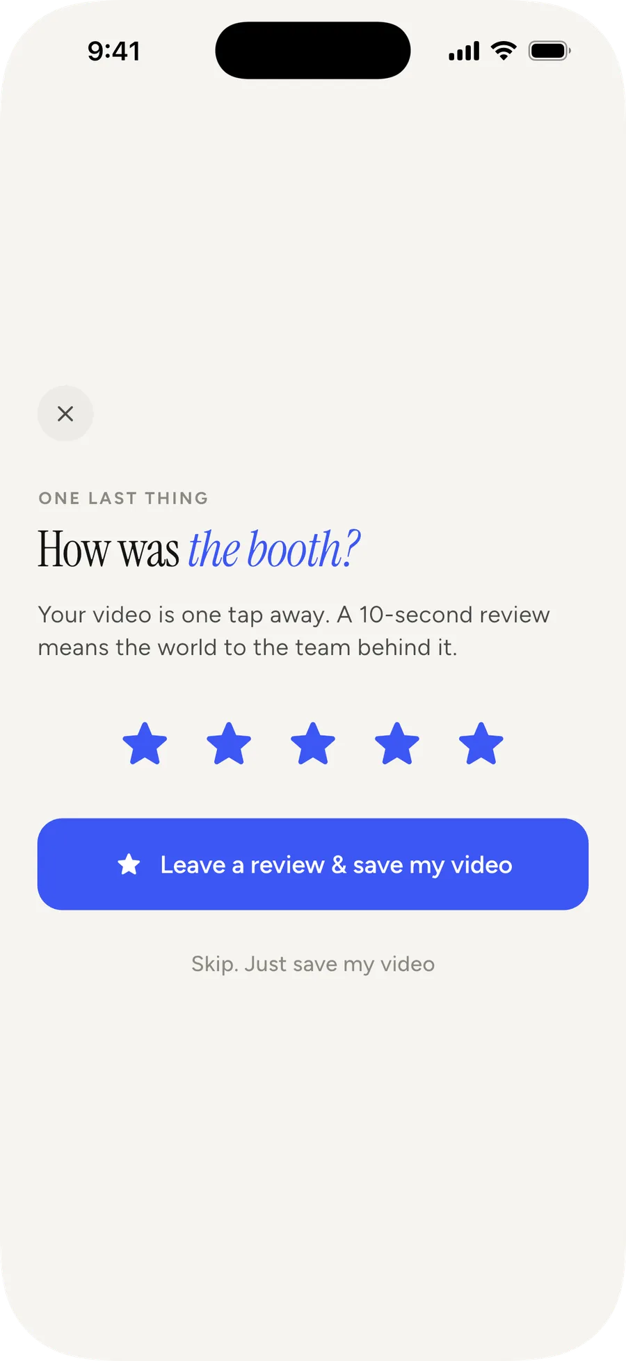 The review request: “How was the booth?” with five stars, a Leave a review & save my video button, and Skip. Just save my video